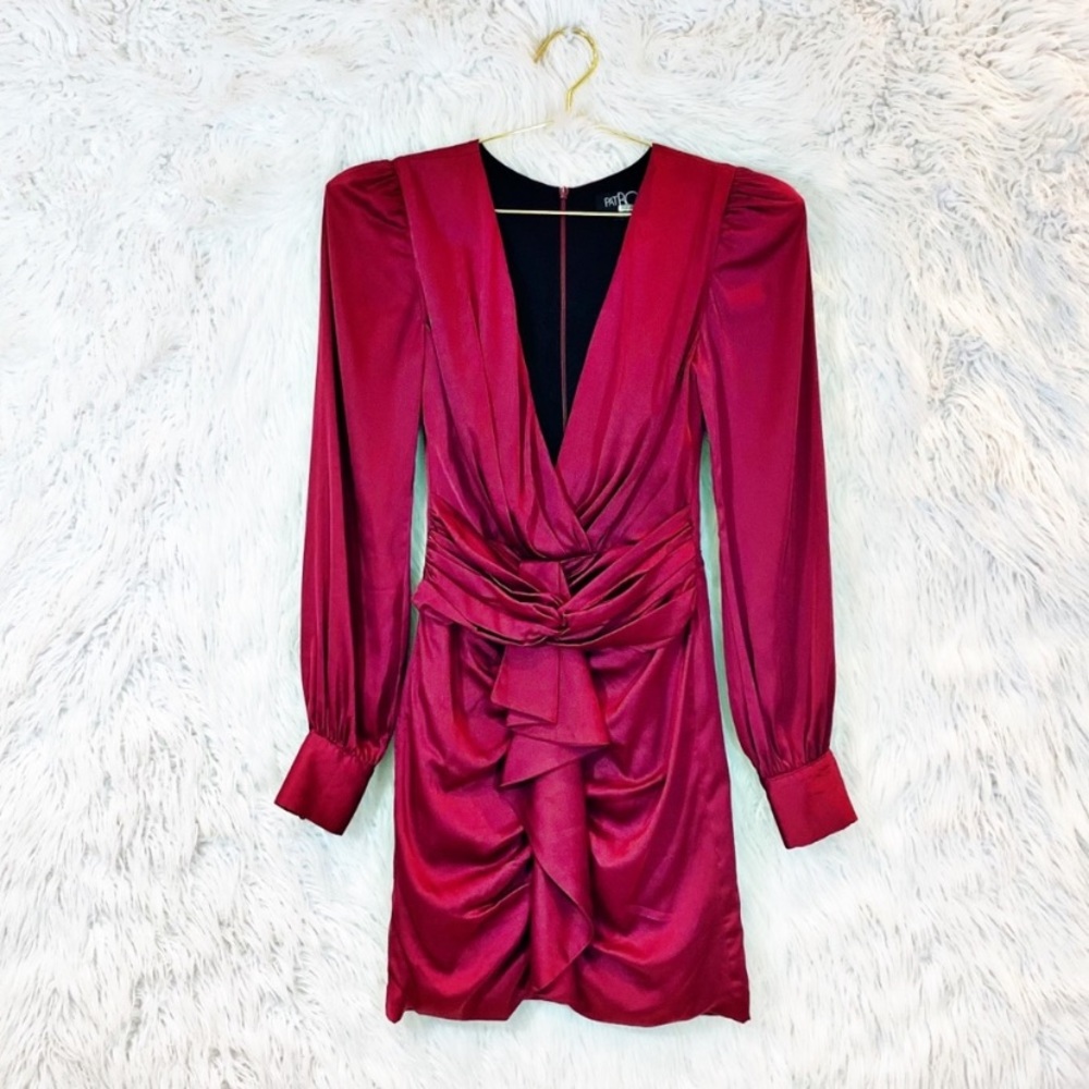 PatBo red satin long sleeve ruched mini dress